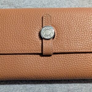 Hermes Brown Leather Long Wallet with Silver Tone Snap
